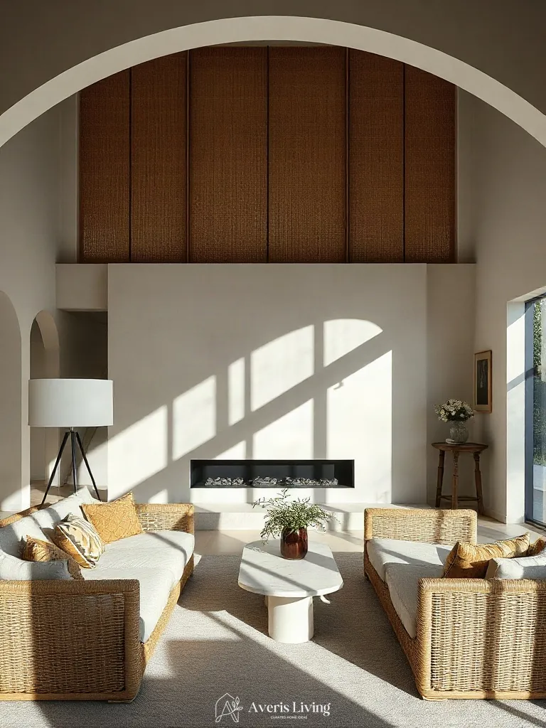 Table lamps casting shadows on rattan furniture living room styling