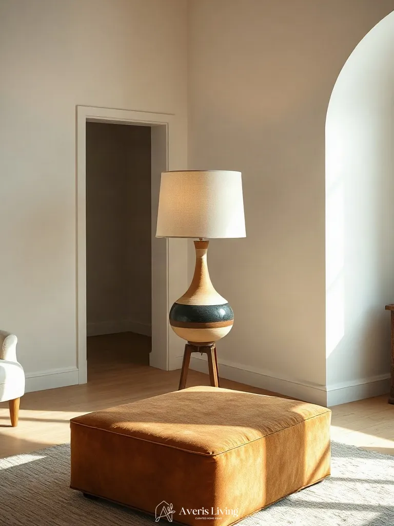 Soft ambient table lamp illuminating a luxury suede storage ottoman vignette