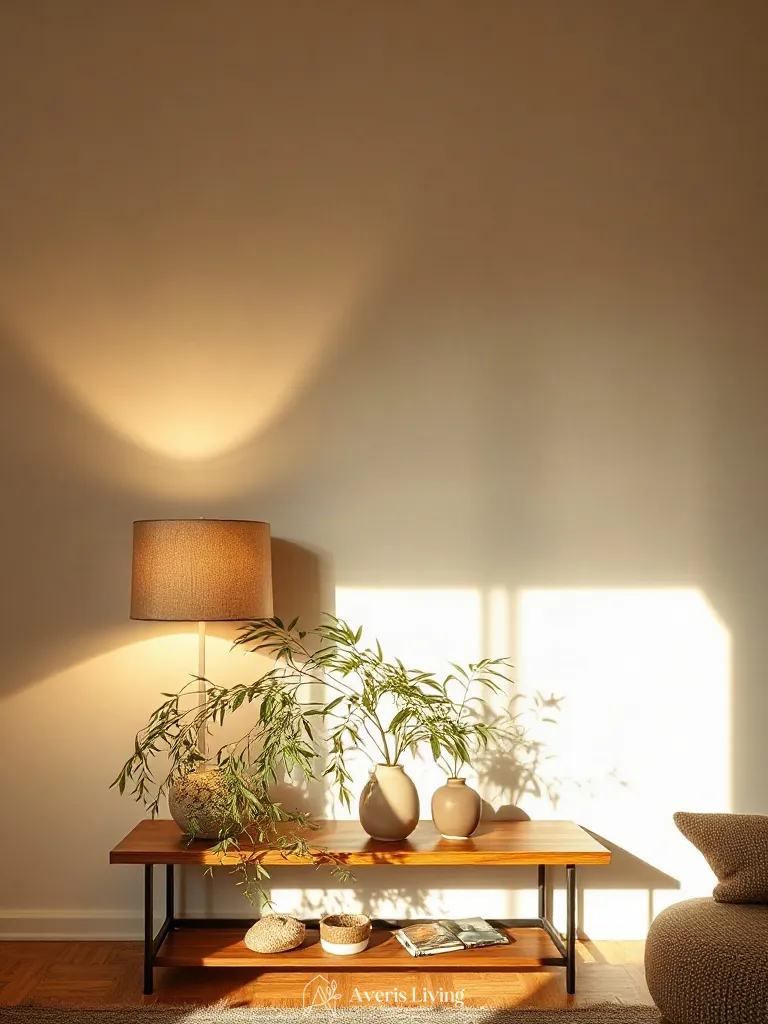 Table lamps and indoor plants creating a warm glow in a boho living room