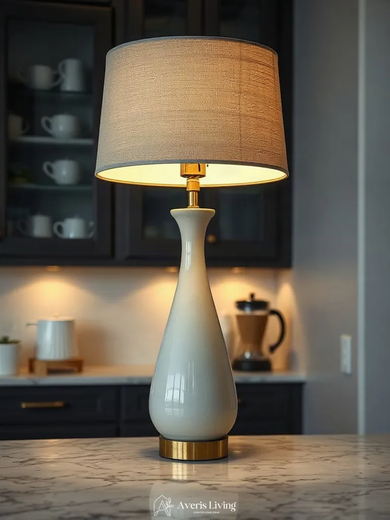 Soft table lamp illuminating a countertop coffee and storage station