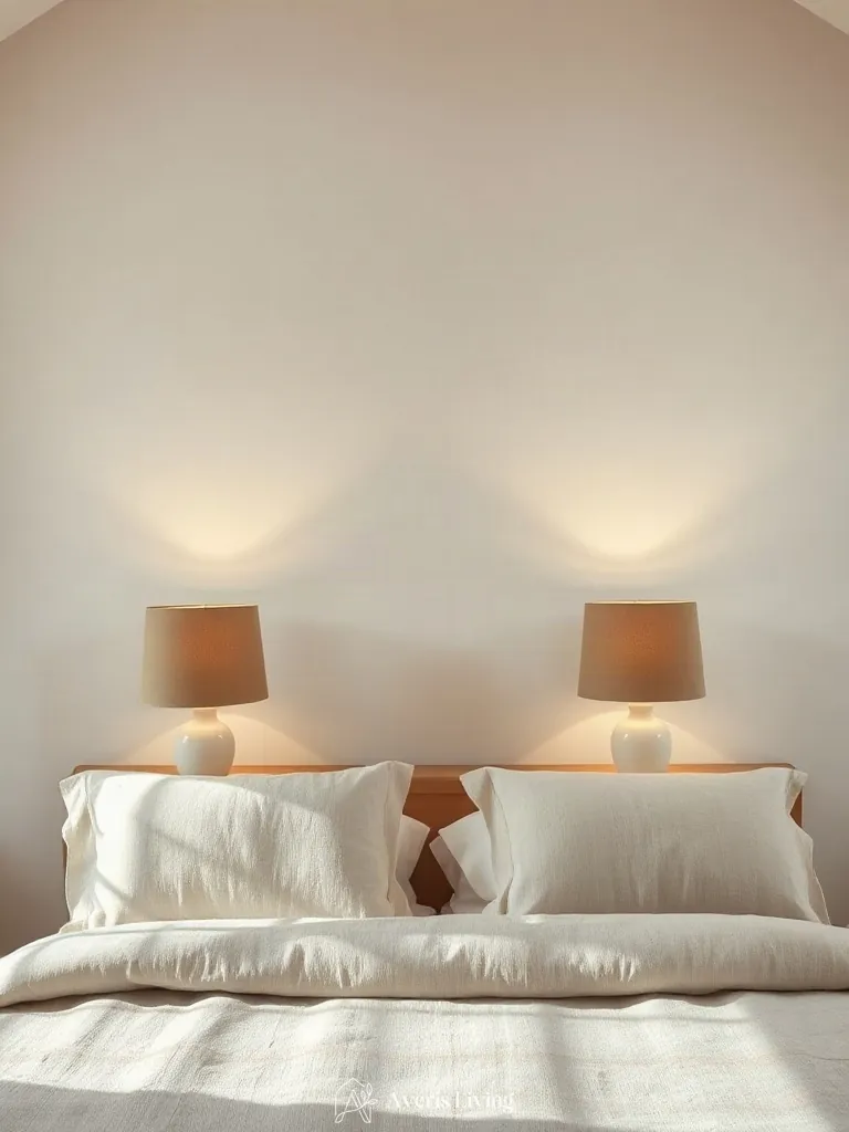 Soft table lamps illuminating neutral farmhouse bedding sets on oak nightstands