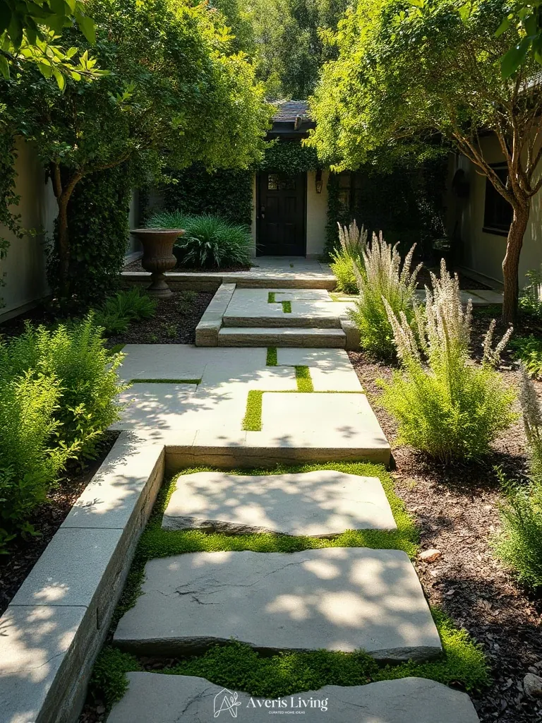 Softening shade backyard stepping stones before and after with cascading plants