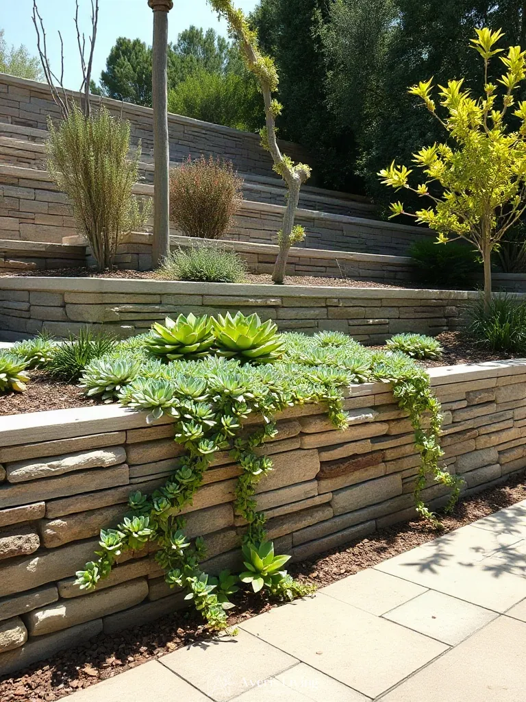 Succulents softening the edges of a drought tolerant backyard retaining wall
