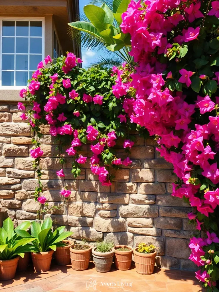 Cascading tropical vines softening a stone retaining wall