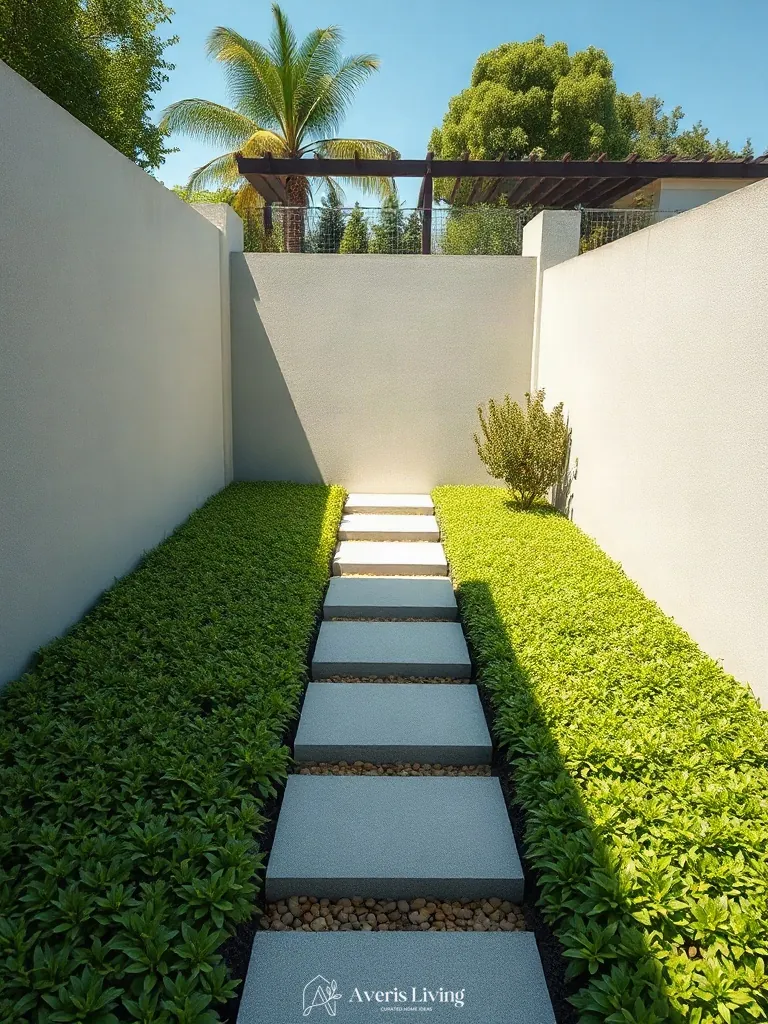 Modern stepping stones softened by lush green ground cover plants