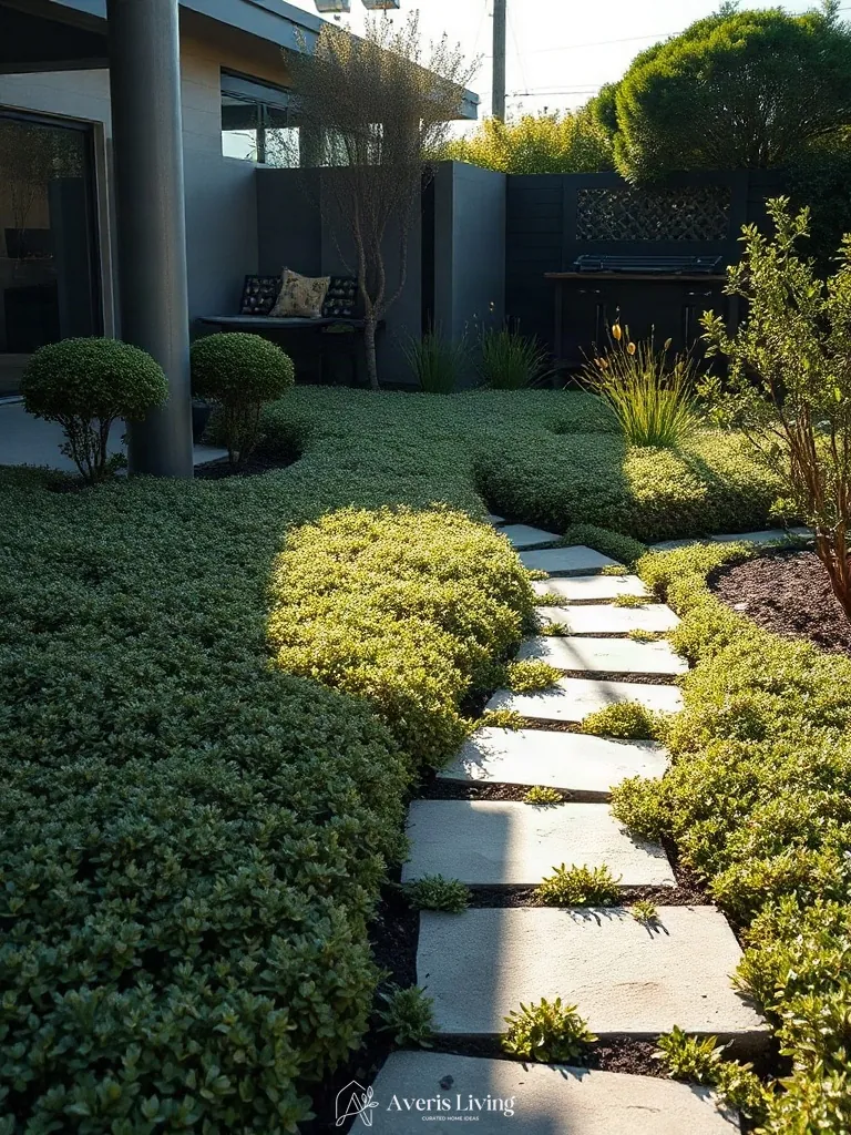 Softening a modern backyard stepping stones makeover with greenery
