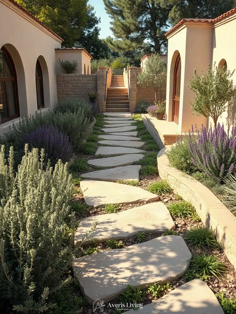 Hard stone pathways softened by cascading drought-tolerant plants