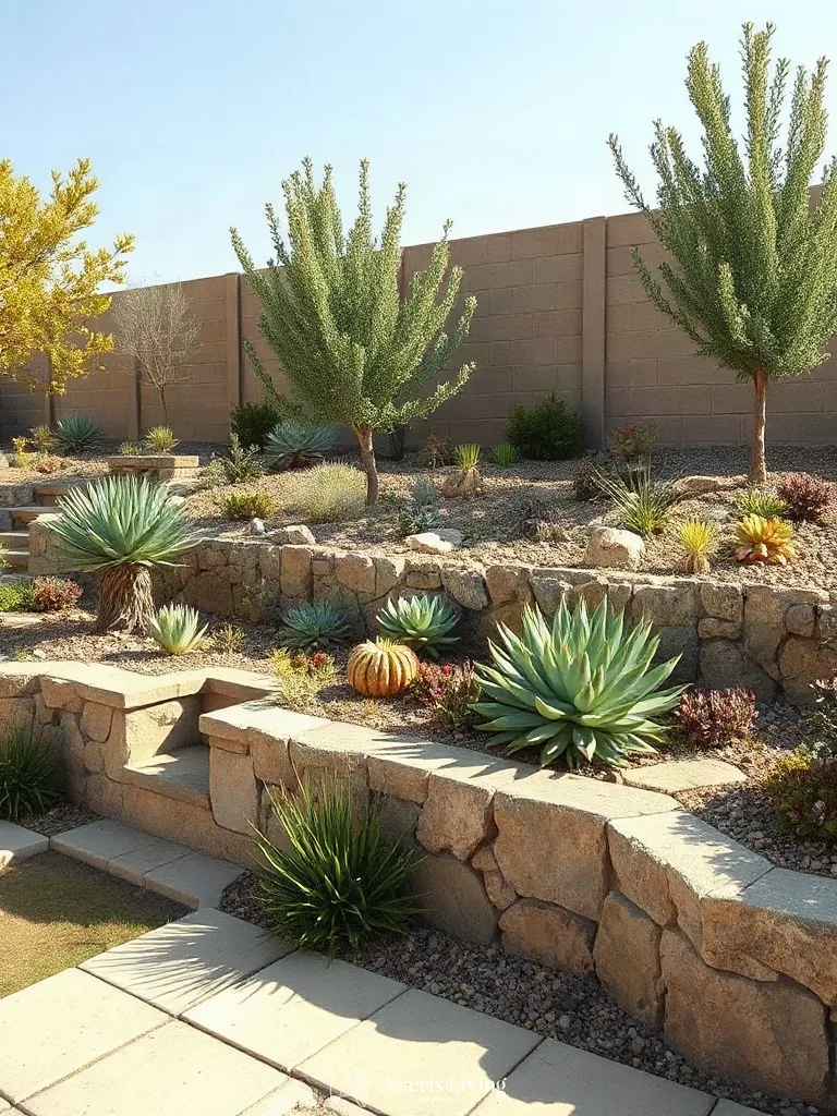 Cascading plants softening a backyard retaining wall