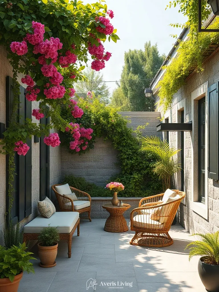 Cascading vines softening hard architectural lines around boho patio seating ideas.