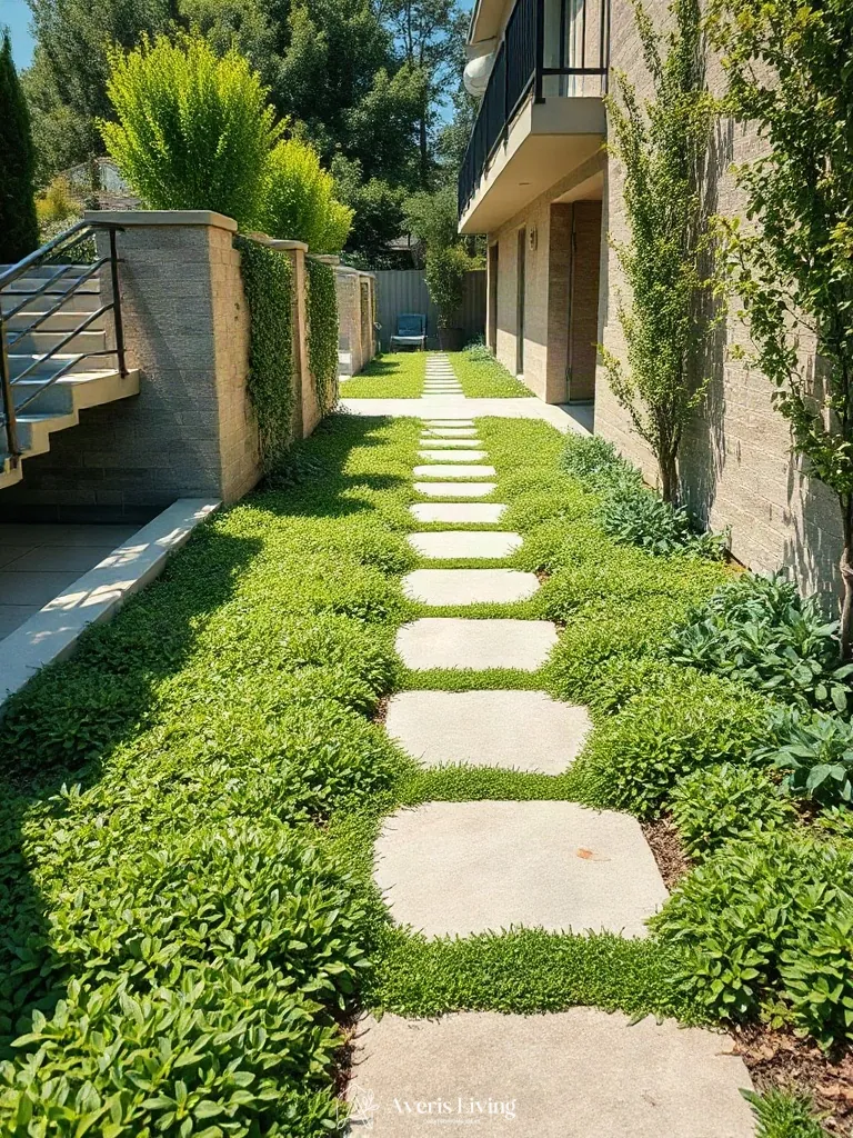 Concrete stepping stones softened with cascading ground cover plants