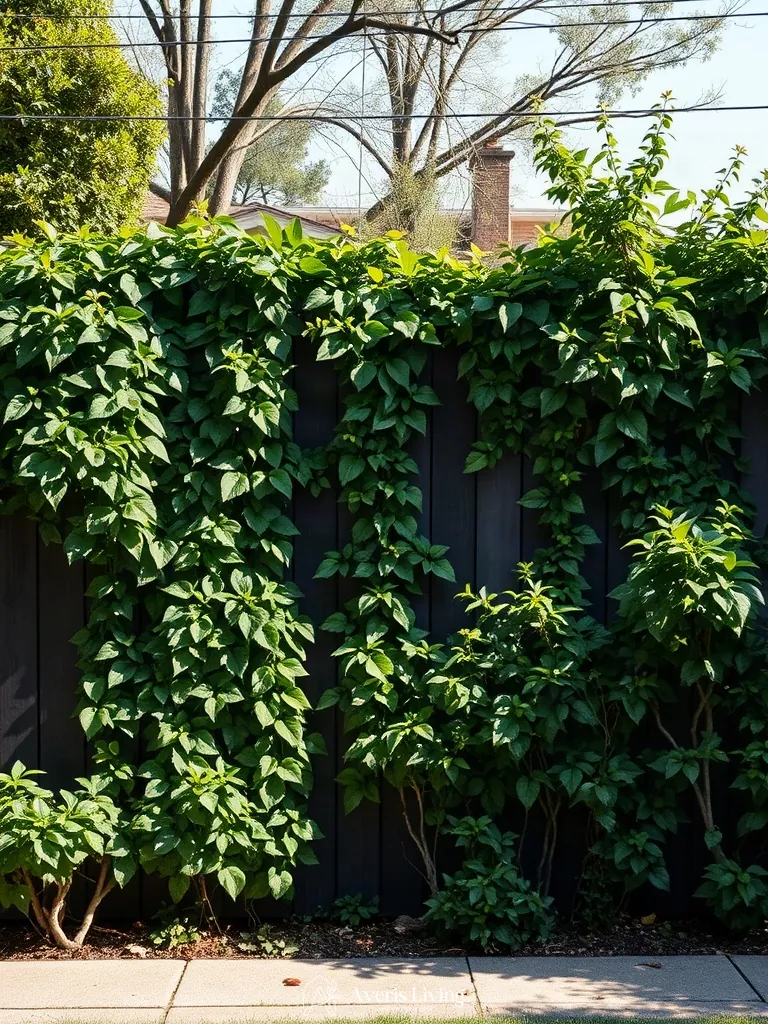Climbing plants softening a dark backyard privacy fence