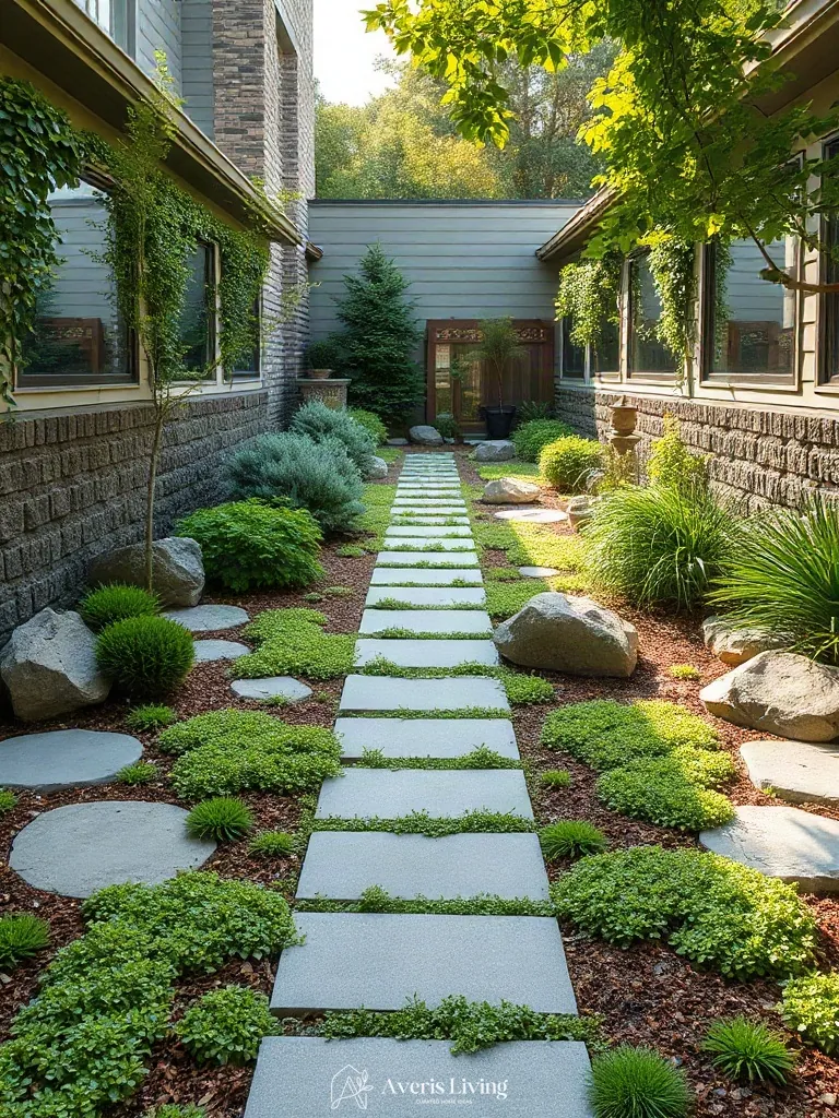 Creeping ground cover softening a stepping stone pathway