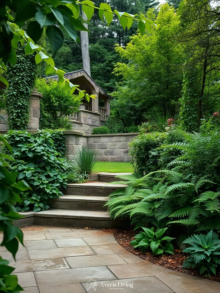 Softened retaining wall with cascading shade plants
