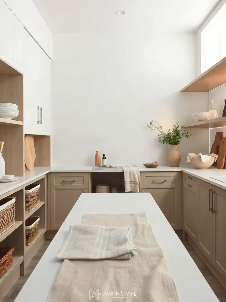 Linen textiles in an open shelving farmhouse kitchen