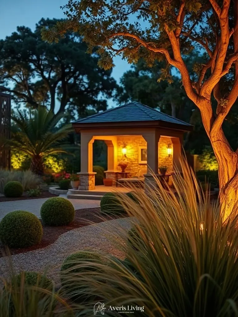 Softening stone structures with boxwood and ornamental grasses near a backyard gazebo