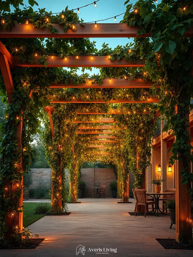Vines softening pergola structures illuminated by string lights