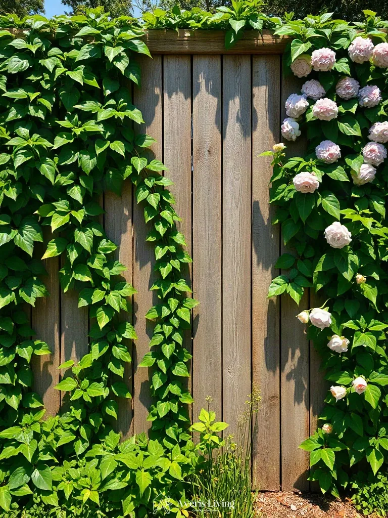 Climbing plants softening rustic fence layout