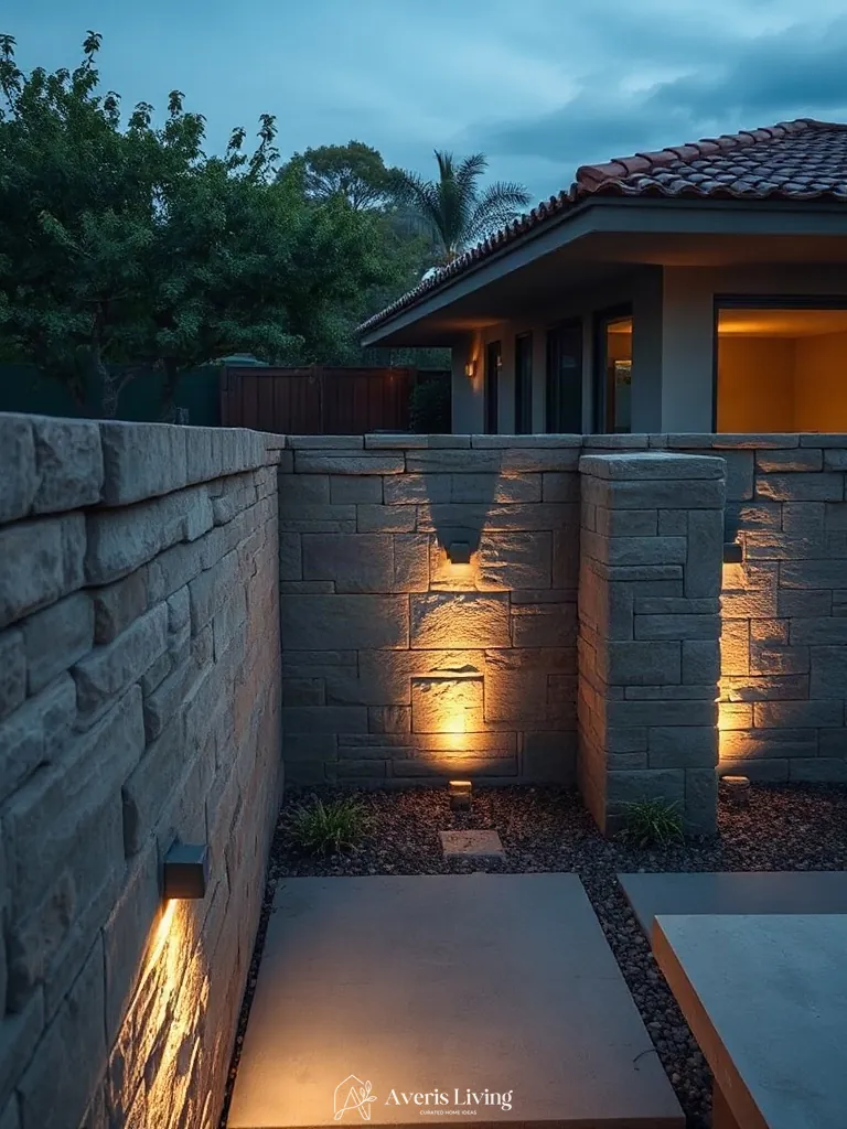 Glare-free landscape lighting in a low maintenance backyard landscaping design.