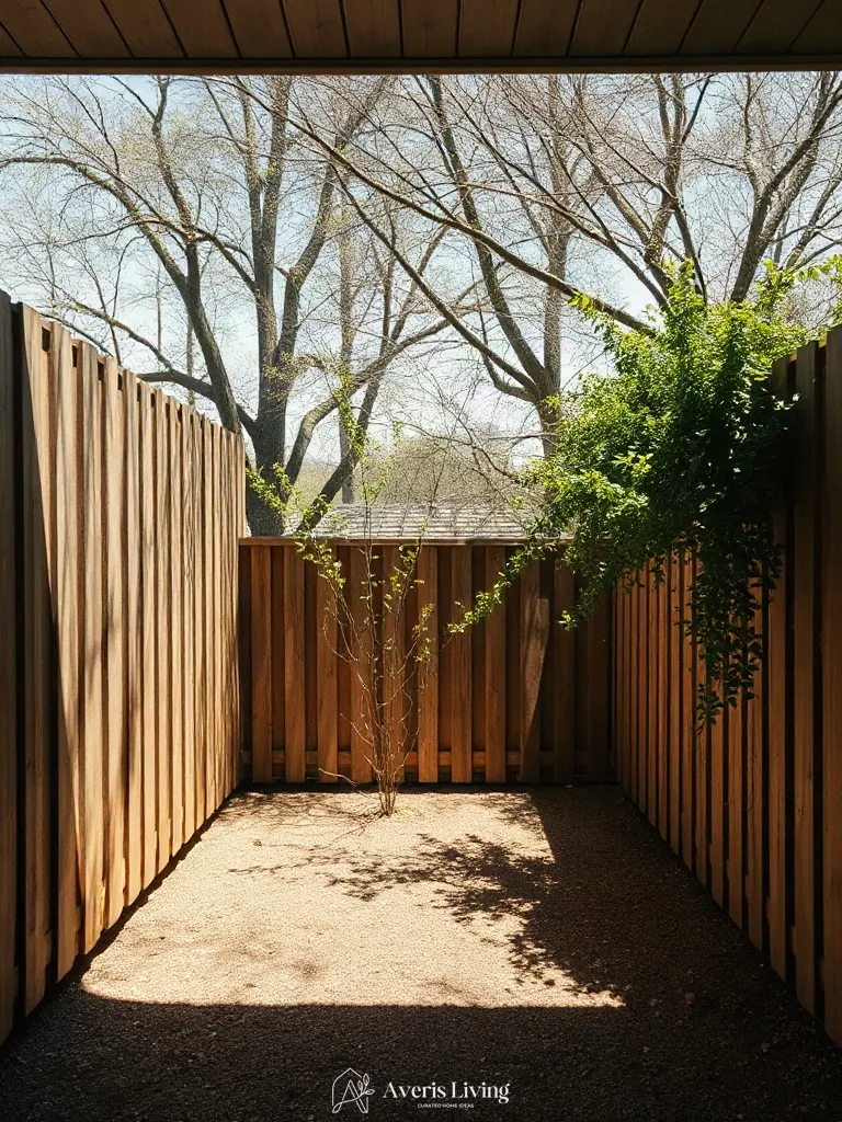 Shadow-box patterns in a cozy backyard privacy fence layout