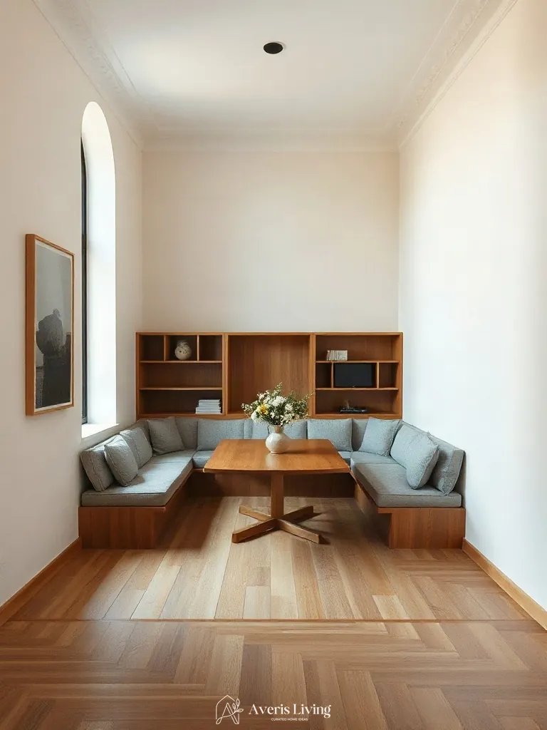 Storage banquette in an affordable dining room for small spaces