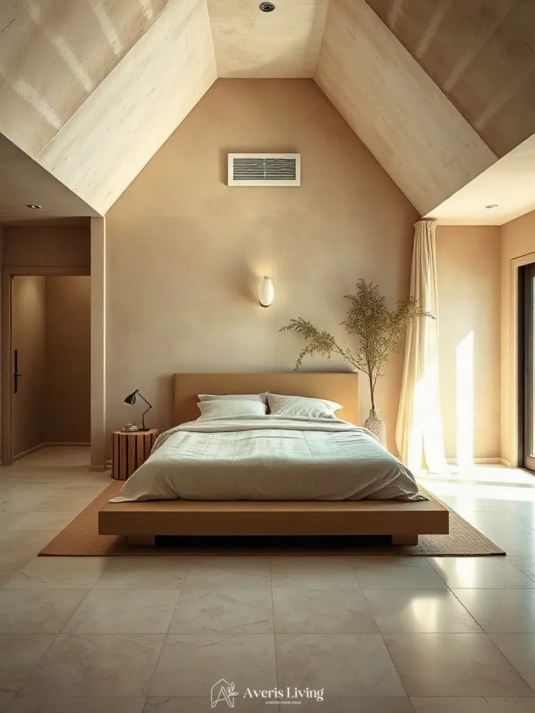 Spatial layout and bed placement in an earthy boho bedroom aesthetic