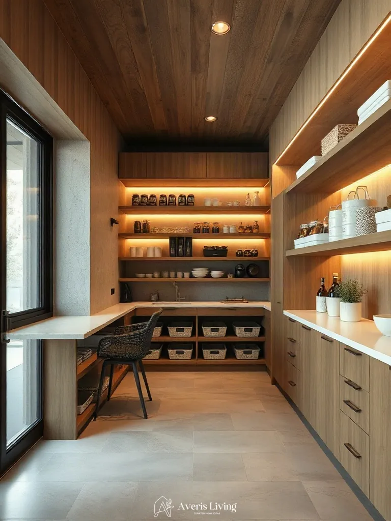 Spatial flow and layout showcasing luxury pantry organization bins and labels on custom shelves.