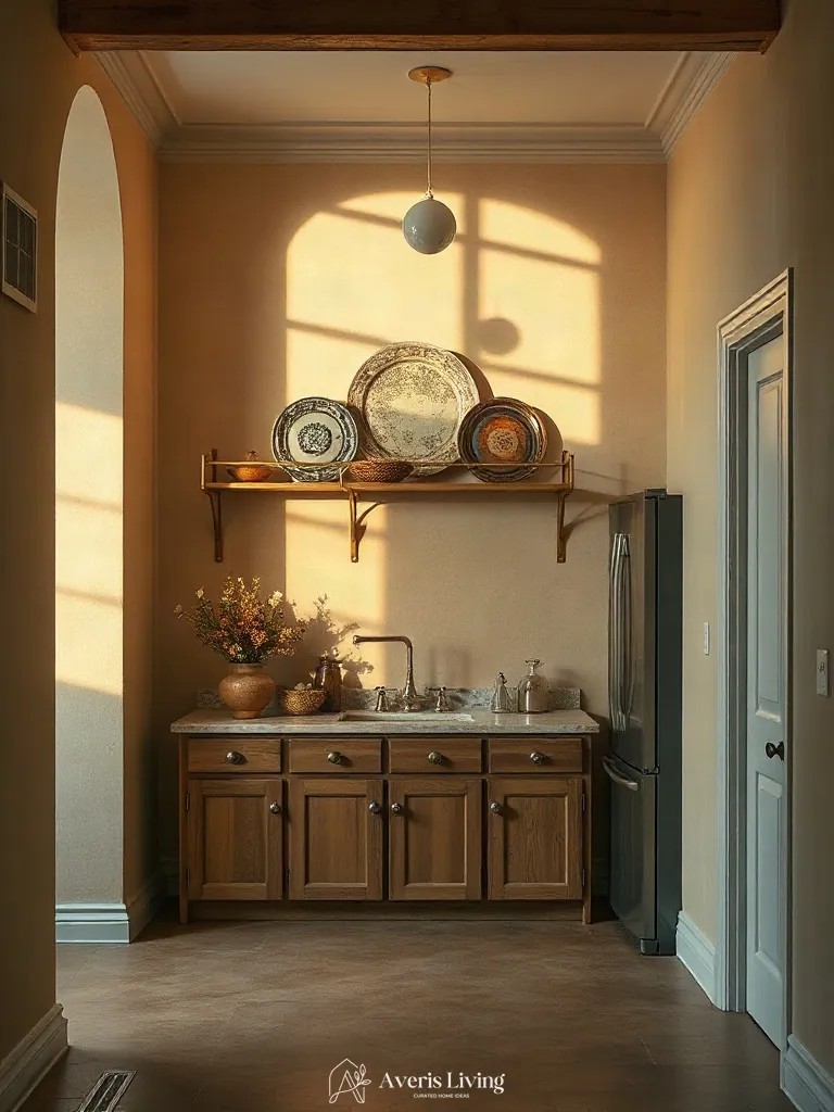 Spatial flow and vintage kitchen wall decor layout