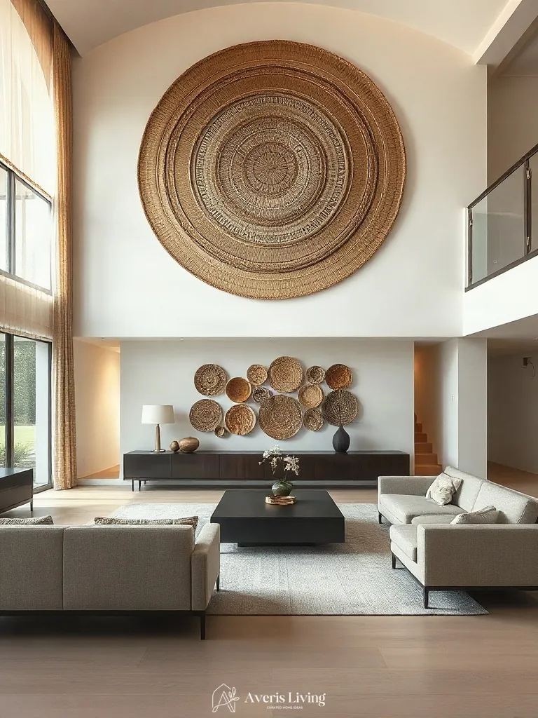 Elevated view of living room layout featuring a prominent woven basket wall display.