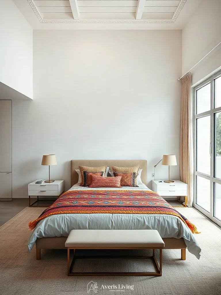 Spatial zoning highlighting colorful bohemian bedding in a luxury bedroom