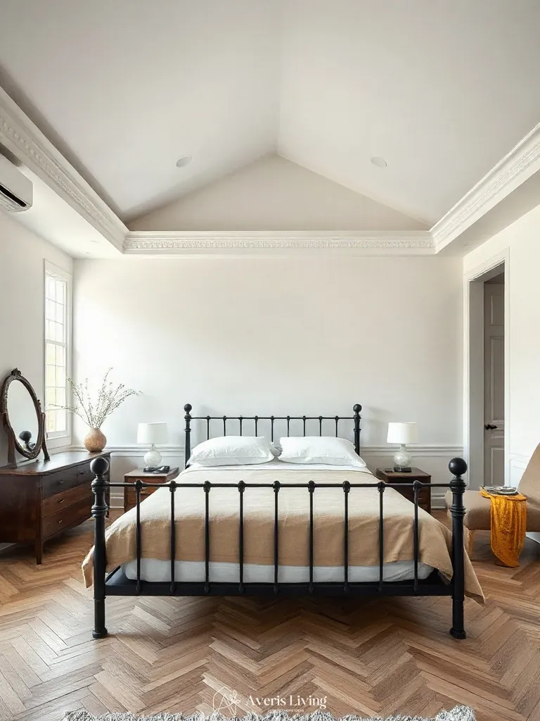 Spatial zoning and furniture flow around a modern iron bed frame