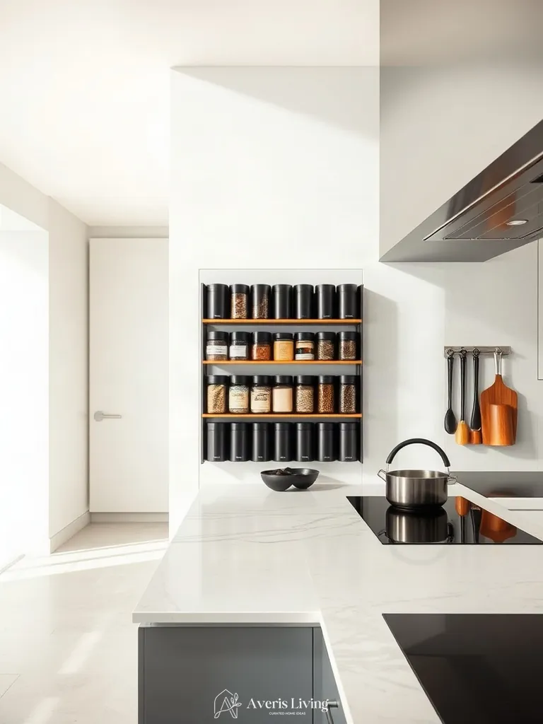Zoned kitchen layout featuring sleek magnetic spice rack ideas along the prep wall