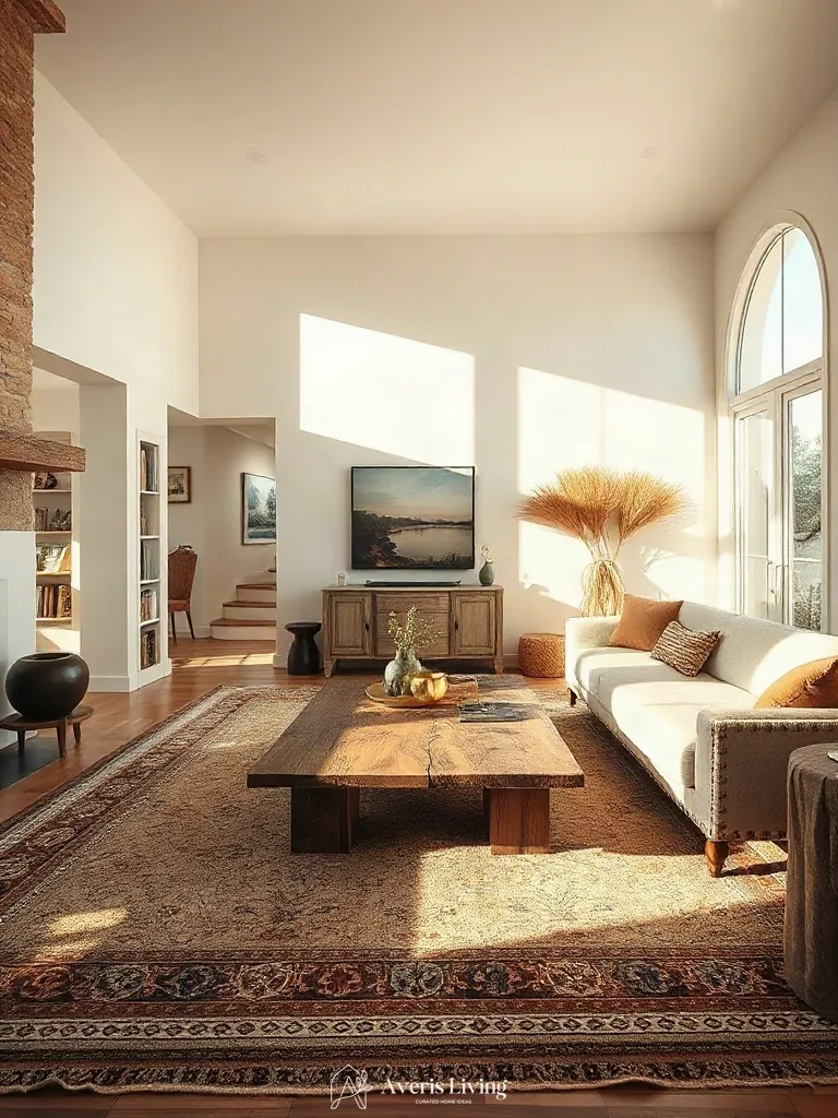 Spatial zoning in an open-concept interior featuring rustic wood coffee table ideas