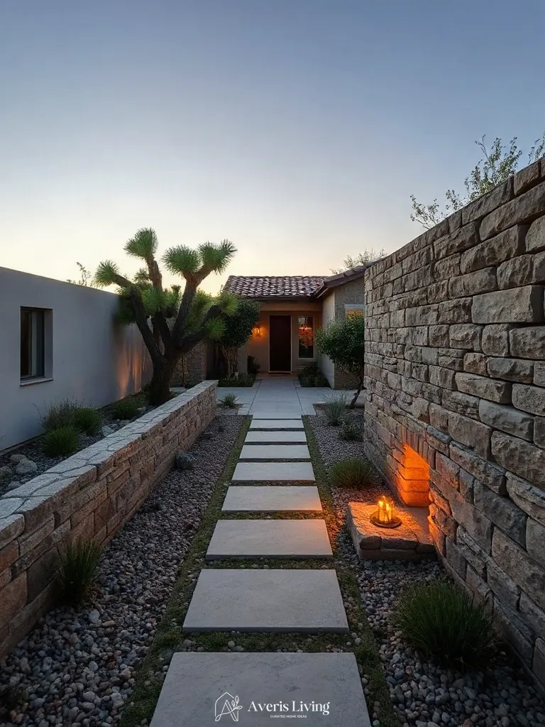 Dry-stacked stone retaining walls framing a drought-tolerant garden path