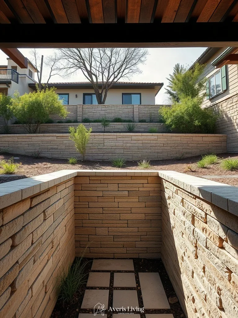 Split-face masonry and dry-stacked stone in a beautiful backyard retaining wall design