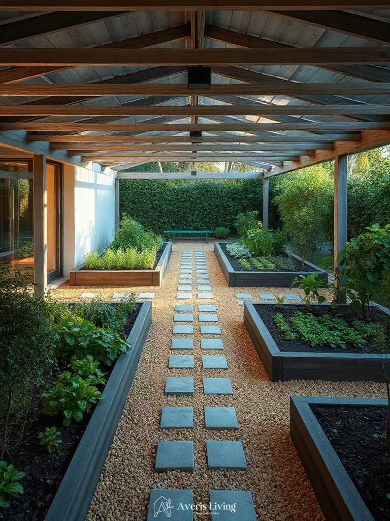 Stabilized decomposed granite walkways in a no grass backyard vegetable garden layout
