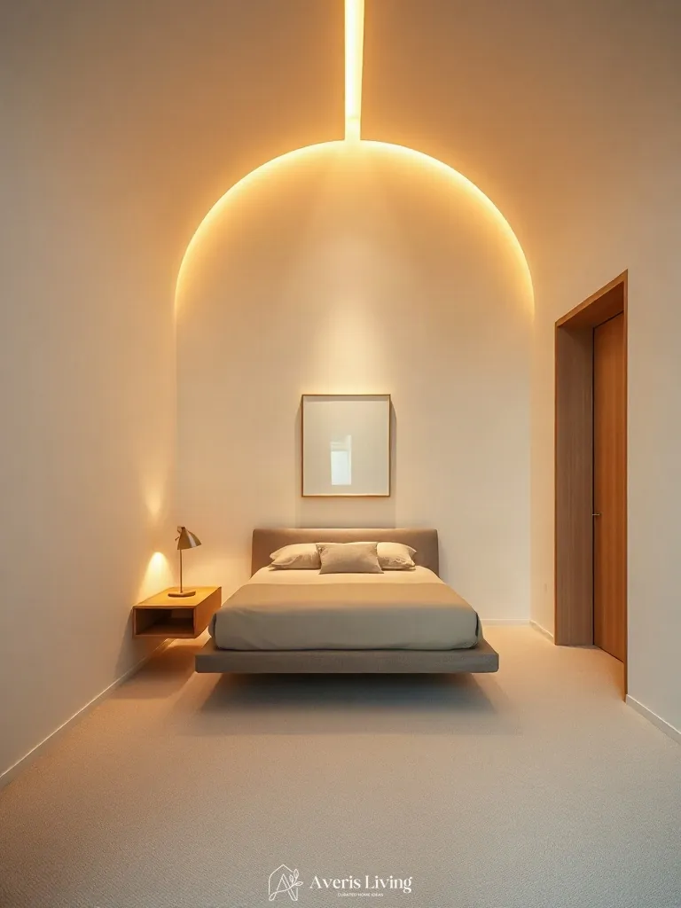 Strategic spatial zoning featuring floating nightstands in a compact bedroom