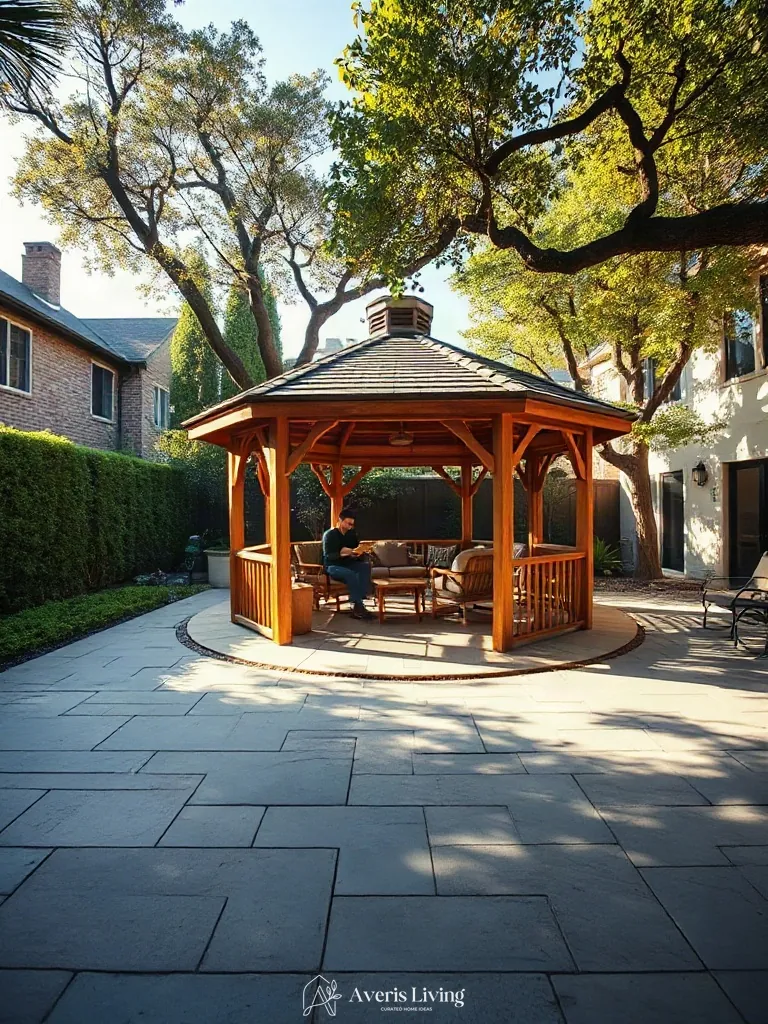 A strategically placed backyard gazebo defining exterior zones