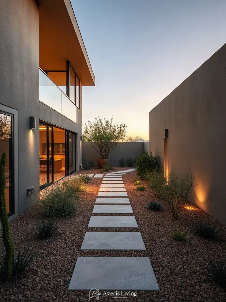 Strategic terrain grading and layout for a drought-tolerant garden pathway