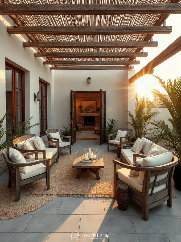 Boho patio seating ideas arranged to create distinct outdoor living zones on a stone terrace.