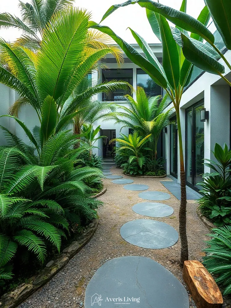 Tropical backyard stepping stones before and after defining outdoor functional zones