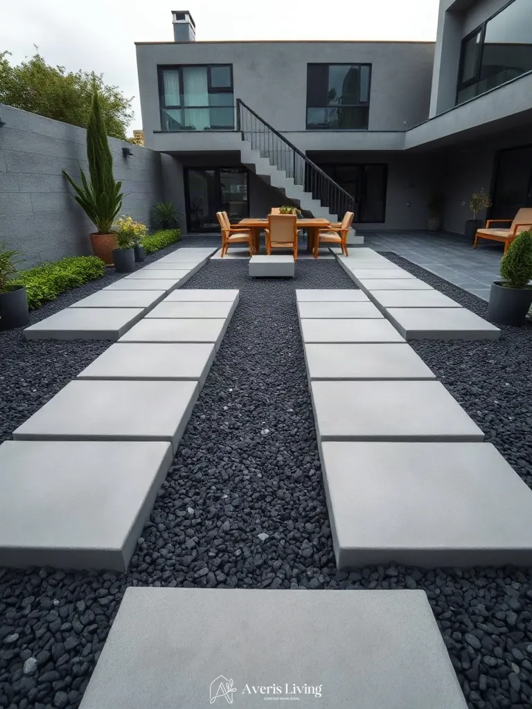 Large concrete stepping stones defining zones in a modern no grass backyard