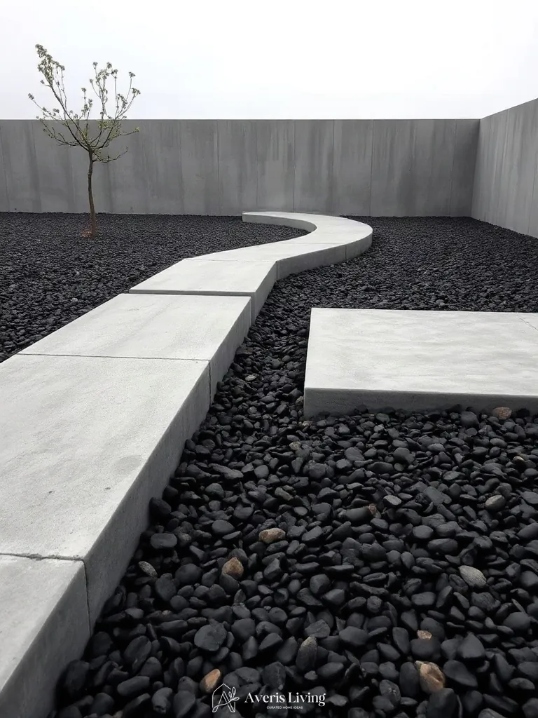 Oversized concrete stepping stones defining zones in a modern minimalist backyard landscape