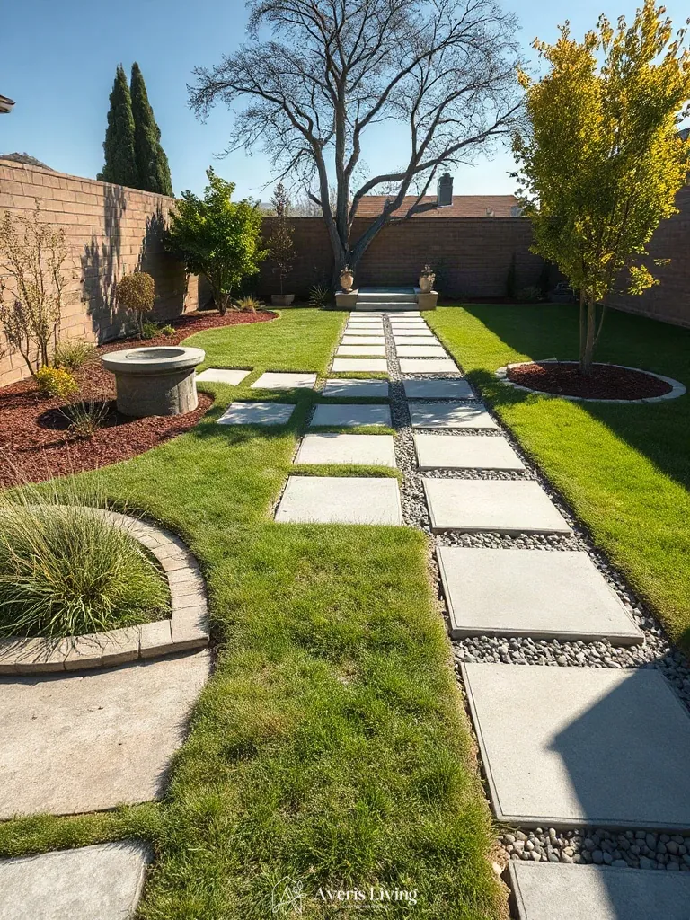 Low maintenance backyard stepping stones defining outdoor zones