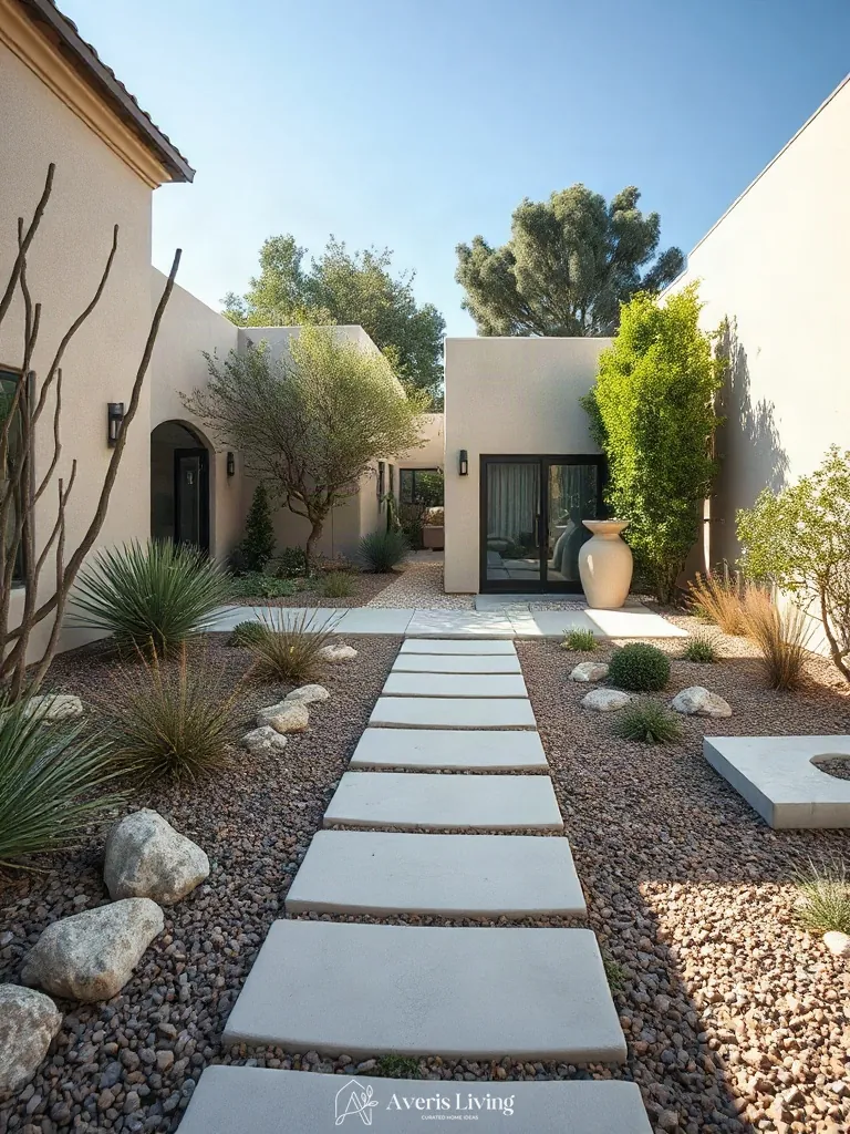 Drought tolerant backyard stepping stones defining distinct exterior zones