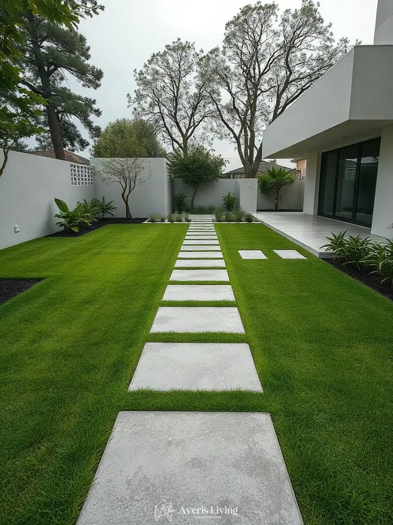 Modern backyard stepping stones design defining distinct outdoor zones in a minimalist garden