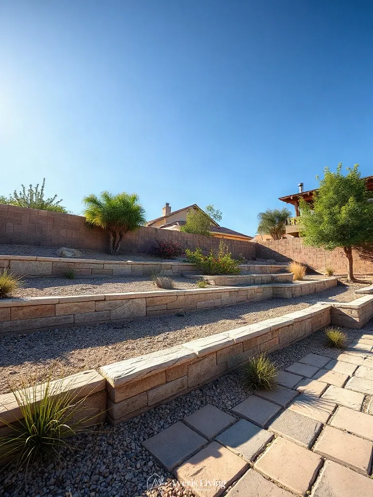 Retaining wall defining outdoor zones in a drought tolerant backyard