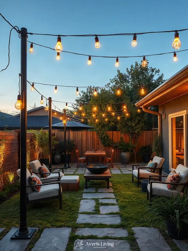Backyard layout featuring string lights defining distinct outdoor zones