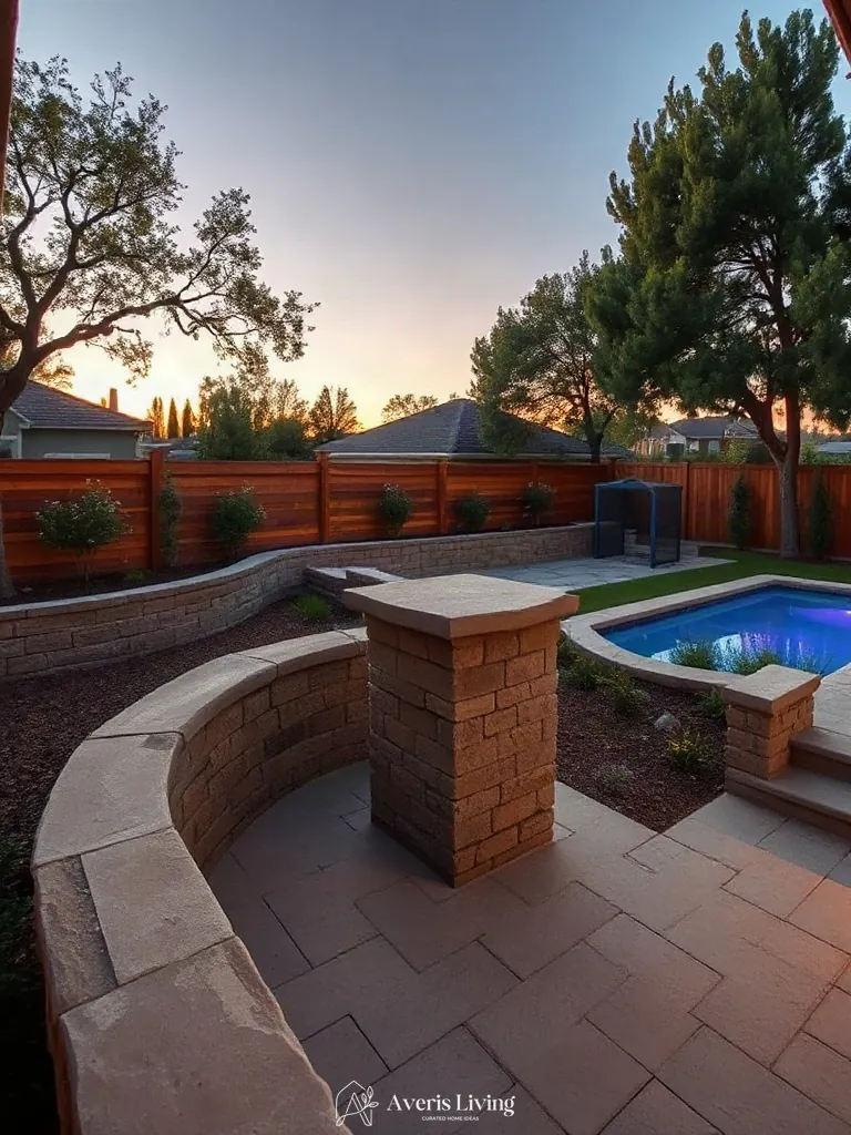 Sunken patio layout with curved retaining wall and stone pavers for boho backyard privacy fence makeover