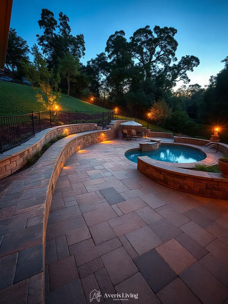 Sunken patio layout with curved retaining wall and stone pavers from above