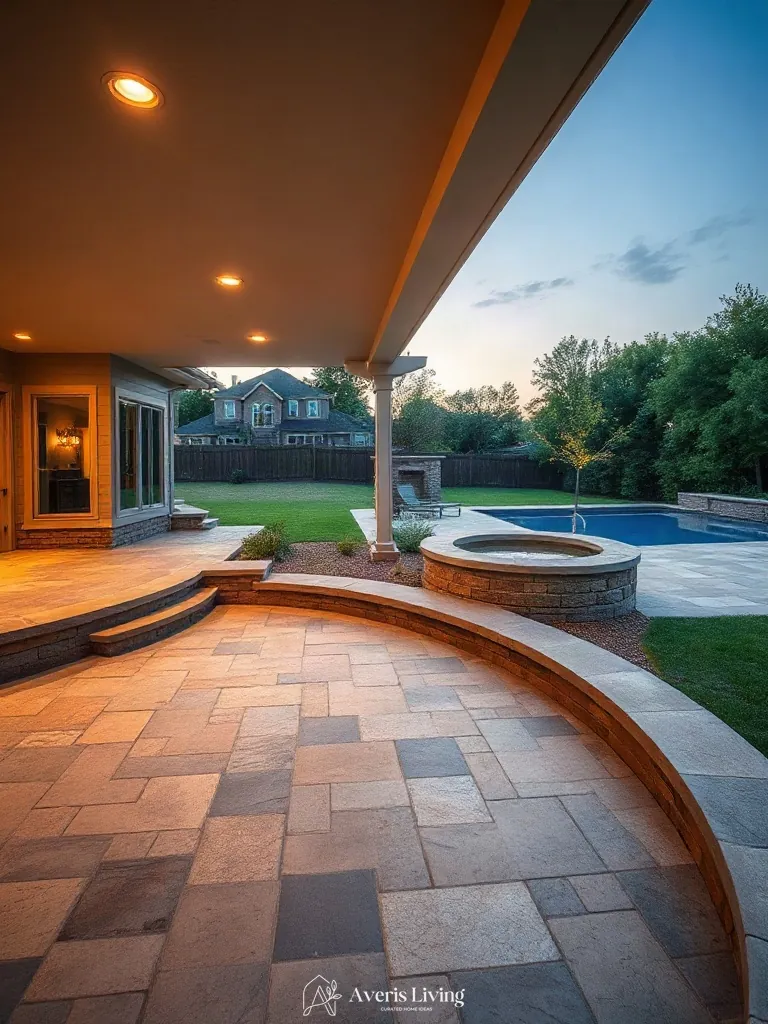 Sunken patio layout for luxury backyard shed before and after with stone pavers and curved retaining wall viewed from above